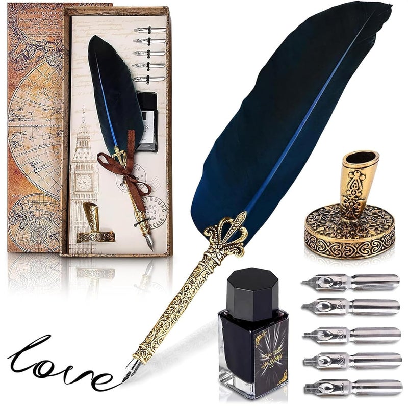 Kotko Vintage Feather Quill Pen and Ink Set - Blue Feather Pen and Ink Set, Writing and Drawing Tools with Stainless Steel Nib - Elegant Vintage Style Calligraphy Kit for Creative Hand Lettering - Image 1